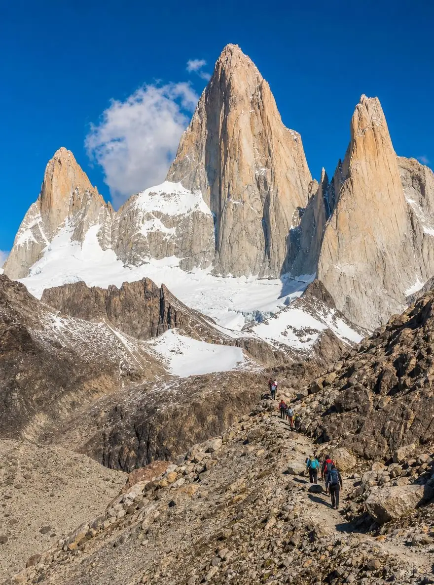 Wanderer auf dem steilen Zickzackpfad über die Moräne unterhalb der Granitnadeln des Mount Fitz Roy an einem sonnigen Tag