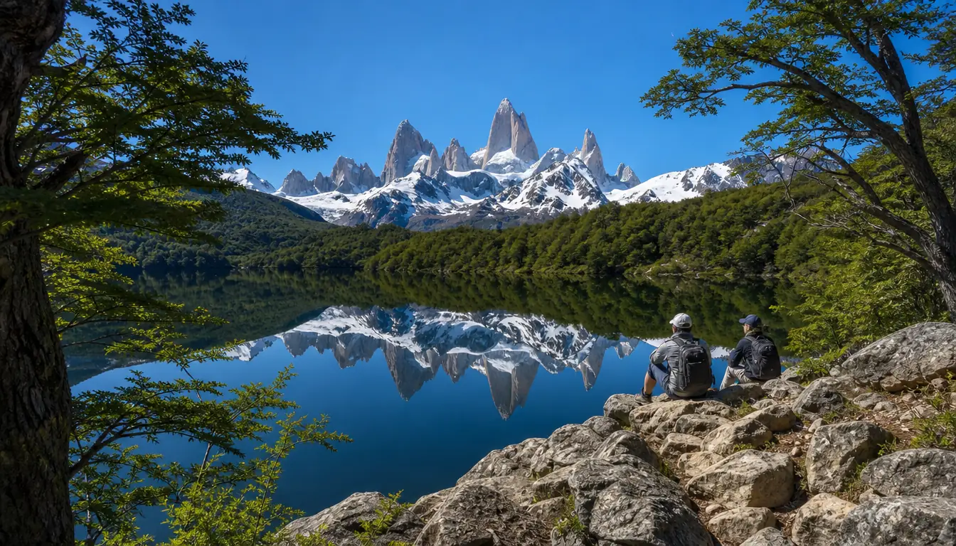 Die Laguna Capri, eingerahmt von Südbuchen, mit den Granitnadeln des Fitz Roy im ruhigen Wasser gespiegelt