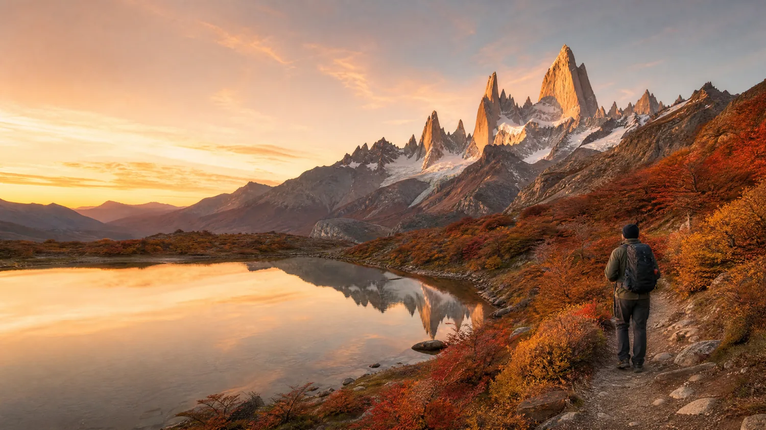 Wanderer unterhalb der Granitnadeln des Mount Fitz Roy