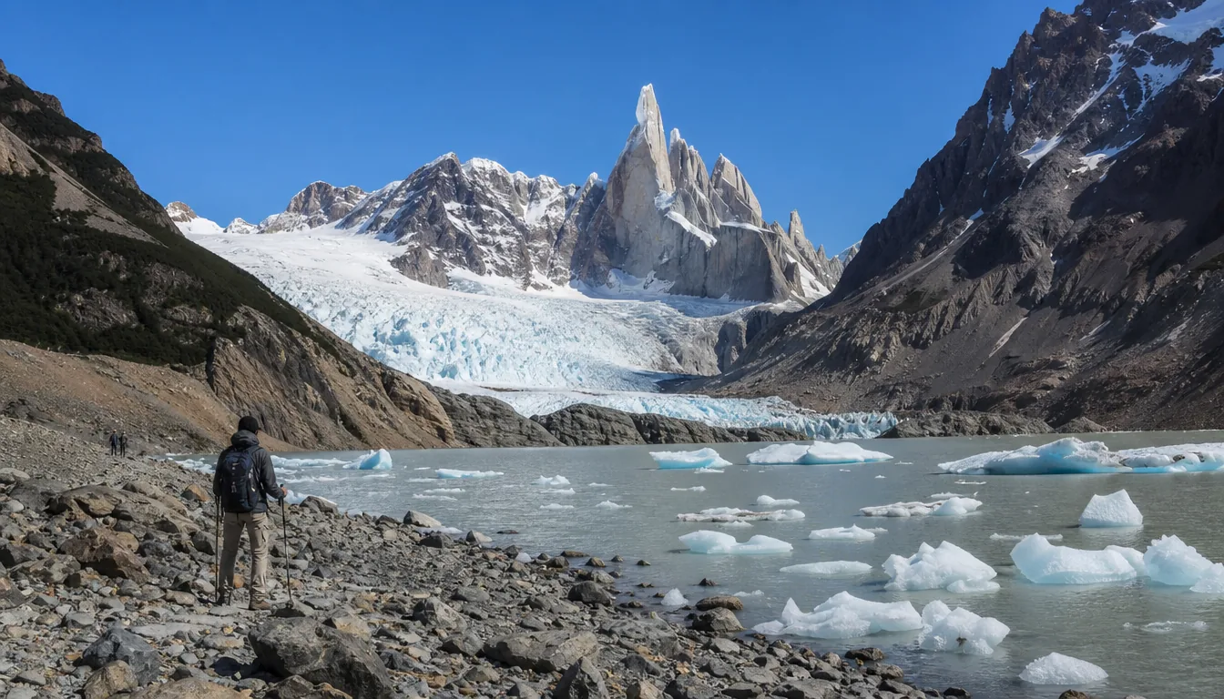 Die Laguna Torre mit kleinen Eisbergen, einem Gletscher und der Nadel des Cerro Torre dahinter, Wanderer auf der Moräne